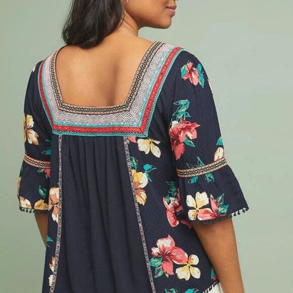 Anthropologie Dakota Embroidered Floral Square Neck Top Bell Sleeve Blue Boho M - Picture 9 of 16